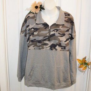 AlvaQ Womens XL Long Sleeve Quarter Zip Sweatshirt Pullover Gray & Army Camo